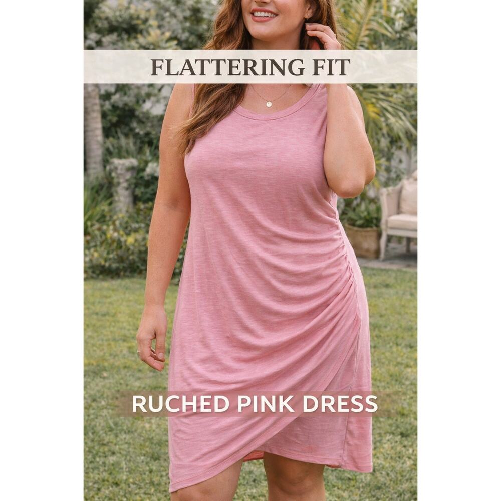 Flattering Ruched Pink Dress Large Stretch Sleeveless Bodycon Casual